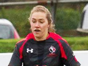 Belleville's Katie Svoboda scores a first-half try for Canada in a loss to England in international women's rugby Saturday in the U.K. (Rugby Canada photo)
