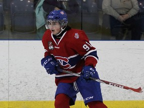 Brandon Nadeau scored the only goal of the game for the Kingston Voyageurs in a 4-1 loss to the Cobourg Cougars in an Ontario Junior Hockey League game in Cobourg on Monday. (Ian MacAlpine/The Whig-Standard)