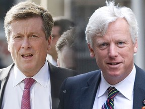 Mayor John Tory (left) and former mayor David Miller. (TORONTO SUN GRAPHICS)