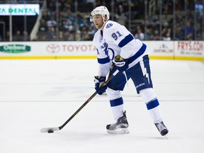 Tampa Bay Lightning center Steven Stamkos controls the puck against the San Jose Sharks during the second period at SAP Center at San Jose. (Kelley L Cox/USA TODAY Sports)