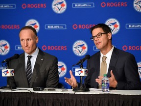 Toronto Blue Jays new general manager Ross Atkins answers questions along with club president Mark Shapiro during an introductory media conference at the Rogers Centre. (Dan Hamilton/USA TODAY Sports)