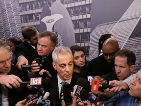 Chicago Mayor Rahm Emanuel speaks to the media, Thursday, Dec. 3, 2015, in Chicago. Faced with growing calls for federal intervention after a white officer fatally shot a black teen, Mayor Rahm Emanuel said Thursday the city would welcome a Justice Department investigation of “systemic issues” in the Chicago police department. (AP Photo/M. Spencer Green)