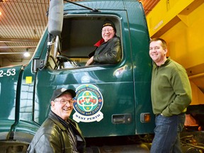 At the end of a long day touring West Perth's municipal buildings in Mitchell, Mayor for a Day Cecil Rose (seated in truck) toured Mitchell's public works building with Mayor Walter McKenzie and Operations Manager Mike Kraemer. GALEN SIMMONS/MITCHELL ADVOCATE