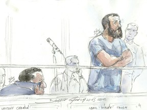 A court sketch created on December 7, 2015 in Paris, shows Abdelmalek Tanem and Youssef Chanaa, during a trial of seven men accused of recruiting French jihadists and help them travel to Syria.  (AFP/Benoit Peyrucq)