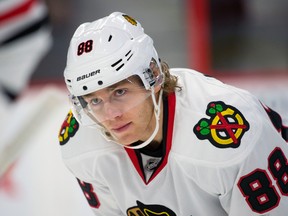 Chicago Blackhawks winger Patrick Kane catches his breath during a break in the action against the Ottawa Senators at the Canadian Tire Centre. (Marc DesRosiers/USA TODAY Sports)