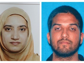 This undated combination of photos provided by the FBI, left, and the California Department of Motor Vehicles shows Tashfeen Malik, left, and Syed Farook. (FBI, left, and California Department of Motor Vehicles via AP)