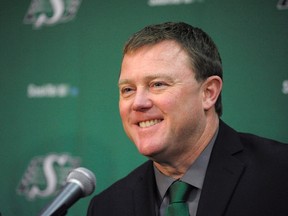 The new head coach and general manager of the Saskatchewan Roughriders Chris Jones speaks during a press conference at Mosaic Stadium in Regina on Monday December 7, 2015. Jones recently led the Edmonton Eskimos to a Grey Cup victory. THE CANADIAN PRESS/Michael Bell