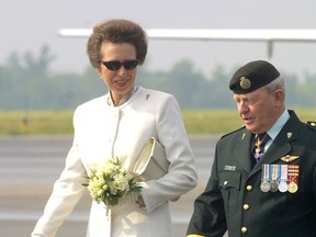 Retired Brig.-Gen. Don Banks welcomes Her Royal Highness Princess Anne at the Norman Rogers Airport on Friday August 29 2003 for a four day visit to the Communications and Electronics regiment in her duties as Colonel-in-Chief. Don Banks died on Friday December 4 2015 at the age of 75. Ian MacAlpine /The Kingston Whig-Standard/Postmedia Network
