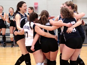 Sudbury's Collège Notre-Dame Jr. Alouettes celebrate after nailing down championship point in a thrilling 25-23, 18-25, 15-13 victory over North Bay's École Algonquin Jr. Barons in the junior finals of the 2015 Earlybird Girls Volleyball Tournament hosted by Timmins High & Vocational School.