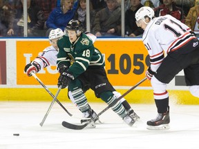 London Knights forward Ryan Valentini is pressured by Owen Sound Attack forward Bryson Cianfrone during a recent game at Budweiser Gardens. (CRAIG GLOVER, The London Free Press)