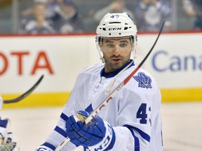 Maple Leafs forward Nazem Kadri says “I falafel” in a radio commercial to promote a Middle Eastern restaurant chain, but on Sunday, he felt awful — complaining of stomach flu. (BRUCE FEDYCK/USA TODAY Sports files)