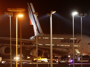 An Air France plane sits on the tarmac after it was diverted to Salt Lake City International Airport, in this Nov. 17, 2015 file photo. An Air France flight from San Francisco to Paris diverted to Montreal's Trudeau International Airport on Monday, Dec. 7, 2015, following an unspecified anonymous threat. (Steve Griffin/The Salt Lake Tribune via AP)