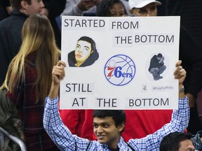 A fan holds a sign at the conclusion of a game between the Philadelphia 76ers and the San Antonio Spurs at Wells Fargo Center. (Bill Streicher/USA TODAY Sports)