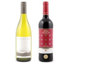 (Left) Cloudy Bay Vineyards 2015 Sauvignon Blanc Marlborough, New Zealand and  Miquel Torres 2013 Altos Ibéricos Crianza Rioja, Spain