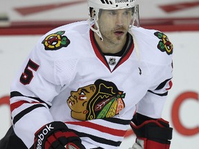 Chicago Blackhawks defenceman Steve Montador skates during the warm up before facing the Calgary Flames at Scotiabank Saddledome in Calgary Friday November 18, 2011. (Postmedia Network file photo)