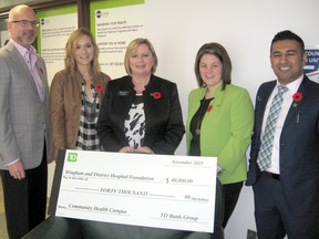 TD Bank Wingham has committed $40,000 to the Our Hospital, Our Future Campaign. L-R: Campaign chair Mark Foxton, coordinator Nicole Jutzi, TD District branch manager Anne Vickers, previous Wingham Branch Manager Miranda De Boer and new Wingham Branch Manager Kam Javed took part in the announcement recently. (Submitted)