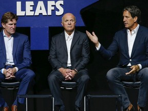 New head coach Mike Babcock, general manager Lou Lamoriello and president Brendan Shanahan, answer questions from Maple Leafs season ticket holders at the ACC in Toronto. (Dave Thomas/Toronto Sun/Postmedia Network)
