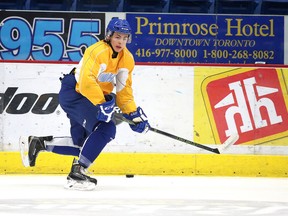 Newly acquired Sudbury Wolves player, Ryan Valentini  runes through drills during team practice in Sudbury, Ont. on Tuesday December 8, 2015.