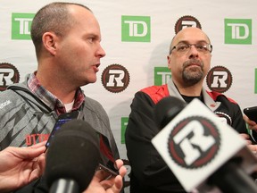 Ottawa RedBlacks coach Rick Campbell and General Manager Marcel Desjardins.  (Tony Caldwell/Ottawa Sun)
