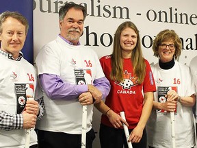 From left: Tim Caddigan and Scott Meyers of TV Cogeco; U19 Canadian women's floorball team captain Hannah Wilson; Loyalist College president Maureen Piercy; and mayor Taso Christopher at a press conference Tuesday at Loyalist College. (Submitted photo)