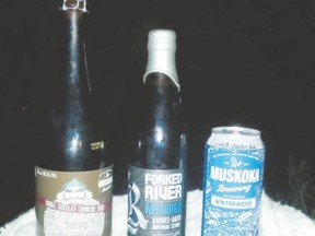 From left, Muskoka?s Winter Beard Double Chocolate Cranberry Stout, Forked River Weendigo and Muskoka Winterweiss.