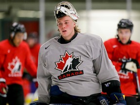 Barrie Colts goalie Mackenzie Blackwood was suspended eight games by the OHL yesterday. He will miss the first two games of the world junior tournament in Finland because of it. (Postmedia Network)