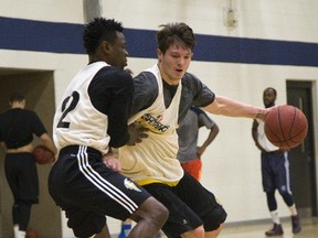 Jordan Weidner tries to dribble past Tyshawn Patterson during a London Lightning training camp workout last week. Both guards made the opening roster. (DEREK RUTTAN, The London Free Press)