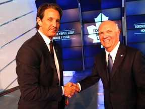 Maple Leafs President Brendan Shanahan (left) announces his new general manager Lou Lamoriello (right) at a press conference in Toronto on July 23, 2015. (Michael Peake/Toronto Sun)