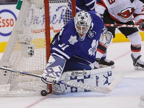 Maple Leafs goaltender Garret Sparks makes a save against the Devils during NHL action in Toronto on Tuesday, Dec. 8, 2015. (John E. Sokolowski/USA TODAY Sports)
