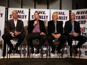 Former Oilers captains, from left, Craig MacTavish, Kevin Lowe, Al Hamilton and Kelly Buchberger share stories of their time playing for Glen Sather. A banner honouring Sather will be raised at Rexall Place on Friday, when the Rangers are in town to play the Oilers. (Perry Mah, Edmonton Sun)