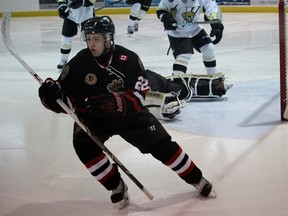 Sarnia Legionnaires forward Alec Dekoning celebrates his first-period goal against the LaSalle Vipers in the Greater Ontario Junior Hockey League game at the Vollmer Recreation Complex on Wednesday Dec. 9, 2015 in LaSalle, Ont. Dekoning returned to Sarnia's lineup after being out since Nov. 10 due to a shoulder injury. (Terry Bridge, The Observer)