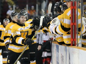 Kingston Frontenacs forward Ryan Cranford celebrates his first-period goal with teammates during an Ontario Hockey League game against the Ottawa 67’s at TD Place on Wednesday night. (Chris Hofley/Postmedia Network)