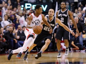 Raptors guard DeMar DeRozan (10) tries to dribble around Spurs guard Manu Ginobili (20) during NBA action in Toronto on Wednesday, Dec. 9, 2015. (John E. Sokolowski/USA TODAY Sports)