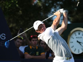 Rory McIlroy tees off during the final round of the DP World Tour Championship golf tournament in Dubai, United Arab Emirates, Sunday, Nov. 22, 2015. (AP Photo/Kamran Jebreili)