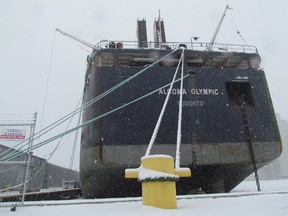 Algoma Olympic is shown in this file photo tied up at the Government Docks in Sarnia Harbour. Currently, 10 ships are expected to winter in Sarnia. (File photo/THE OBSERVER)