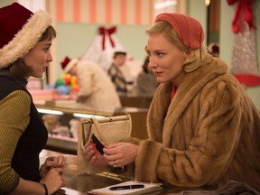 This photo provided by The Weinstein Company shows, Rooney Mara, left, as Therese Belivet, and Cate Blanchett, as Carol Aird, in a scene from the film, "Carol."