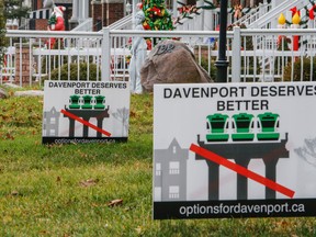 Signs put up by residents opposed to the Davenport as people protest the Davenport Rail Project. On Sunday December 6, 2015. Dave Thomas/Toronto Sun/QMI Agency