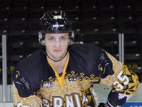 Nikita Korostelev and the rest of the Sarnia Sting will be wearing ugly Christmas sweater jerseys for their Ontario Hockey League home game against the Windsor Spitfires Friday night. The jerseys will be up for auction at sarniasting.com, with 100 per cent of the proceeds going to the Inn of the Good Shepherd. Terry Bridge/Sarnia Observer/Postmedia Network