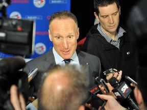 Toronto Blue Jays president Mark Shapiro conducts a scrum after a media conference to introduce the club’s new general manager, Ross Atkins, at Rogers Centre. (Dan Hamilton/USA TODAY Sports)