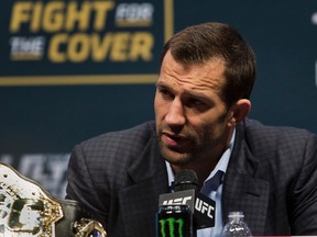 UFC middleweight fighter Luke Rockhold answers a question during a UFC 194 news conference at the MGM Grand Garden Arena in Las Vegas on Wednesday, Dec. 9, 2015. (L.E. Baskow/Las Vegas Sun via AP)
