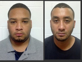 These undated file booking photos provided by the Louisiana State Police shows Marksville City Marshal Derrick Stafford, left, and Marksville City Marshal Norris Greenhouse Jr. Stafford and Greenhouse Jr. were arrested on charges of second-degree murder and attempted second-degree murder in the Nov. 3, 2015 fatal shooting of Jeremy Mardis, a six-year-old autistic boy, in Marksville, La. (Louisiana State Police via AP, File)