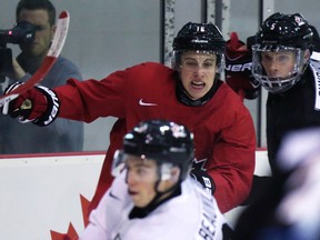Mitch Marner kicks off training camp at Team Canada practice for the world juniors at the MasterCard Centre yesterday.