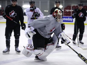 Goaltender Mason McDonald skates at Team Canada practice for the World Juniors tournament in Toronto on Thursday, Dec. 10, 2015. (Craig Robertson/Toronto Sun)