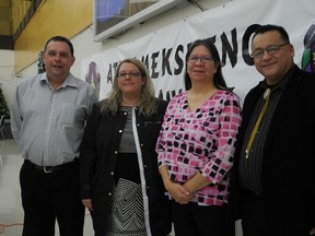 Star Staff
Roger Beaudin, Julie Morin of Mnaamodzawin Health Services, Mary Jo Wabano and Patrick Madahbee attended the launch of an electronic medical records system that will link 14 first nations.