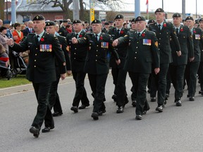 Soldiers from CFB Kingston parade during the Remembrance Day ceremony at CFB Kingston on Wednesday November 11, 2015. 
Steph Crosier/Kingston Whig-Standard