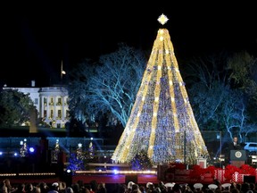 U.S. President Barack Obama speaks during the National Christmas Tree Lighting and Pageant of Peace ceremony on the Ellipse near the White House in Washington December 3, 2015. REUTERS/Yuri Gripas