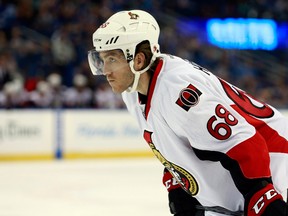 Dec 10, 2015; Tampa, FL, USA; Ottawa Senators left wing Mike Hoffman (68) looks on against the Tampa Bay Lightning during the first period at Amalie Arena. Mandatory Credit: Kim Klement-USA TODAY Sports