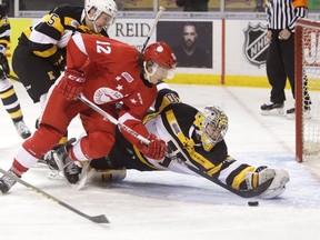 Sault Ste. Marie Greyhounds forward Boris Katchouk tries to beat Kingston Frontenacs goaltender Lucas Peressini with a shot during first period Ontario Hockey League action at the Rogers K-Rock Centre on Friday night. (Elliot Ferguson/The Whig-Standard)