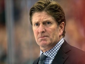 Toronto Maple Leafs head coach Mike Babcock in the second period against the Minnesota Wild at Xcel Energy Center in St. Paul on Dec. 3, 2015. (Brad Rempel/USA TODAY Sports)