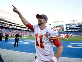This Nov. 22, 2015 file photo shows Kansas City Chiefs quarterback Alex Smith greeting fans after the Chiefs defeated the San Diego Chargers in an NFL football game, in San Diego. (AP Photo/Denis Poroy, file)